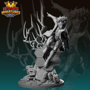 May include: A gray 3D-printed miniature of a superhero figure in a dynamic pose, with a flowing coat and futuristic eyewear. The figure is mounted on a hexagonal platform with lightning-like accents, and the base features rocky terrain. The logo "LEGION MINIATURES 3D PRINTING DESIGNS" is visible.