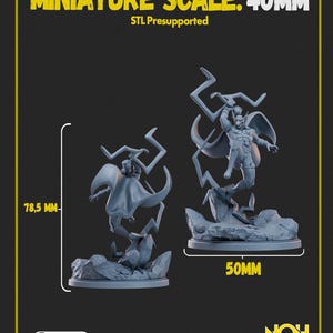 May include: Two gray miniature figurines of a superhero in dynamic poses, one standing and one mid-air, on rocky bases. The text "MINIATURE SCALE: 40MM" and "STL Presupported" are at the top. The figurines are 78.5 mm tall and 50 mm wide.
