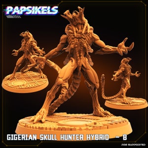 May include: A 3D printed miniature of a Gigerian Skull Hunter Hybrid, a creature with a skeletal, alien-like appearance. The figure is posed in a dynamic stance with its arms outstretched and its head tilted back. The miniature is printed in a light brown color and is ready to be painted.