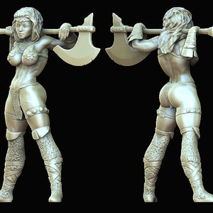 May include: A white, detailed figurine of a woman warrior holding a large axe over her shoulder. She is wearing a chainmail skirt, a leather bra, and chainmail leggings.