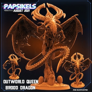 Puede incluir: Una detallada escultura de color marrón anaranjado de una Outworld Queen Brood Dragon con grandes alas, una cola segmentada y una cabeza con cuernos. La imagen incluye el texto "Papsikels August 2021" y "Outworld Queen Brood Dragon".