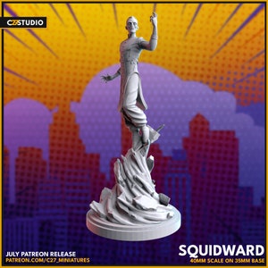 May include: A white 3D printed miniature of Squidward from the cartoon Spongebob Squarepants. He is standing on a broken rock base. The text "Squidward" and "40MM SCALE ON 35MM BASE" is below the miniature. The text "JULY PATREON RELEASE" and "PATREON.COM/C27_MINIATURES" is below the base.