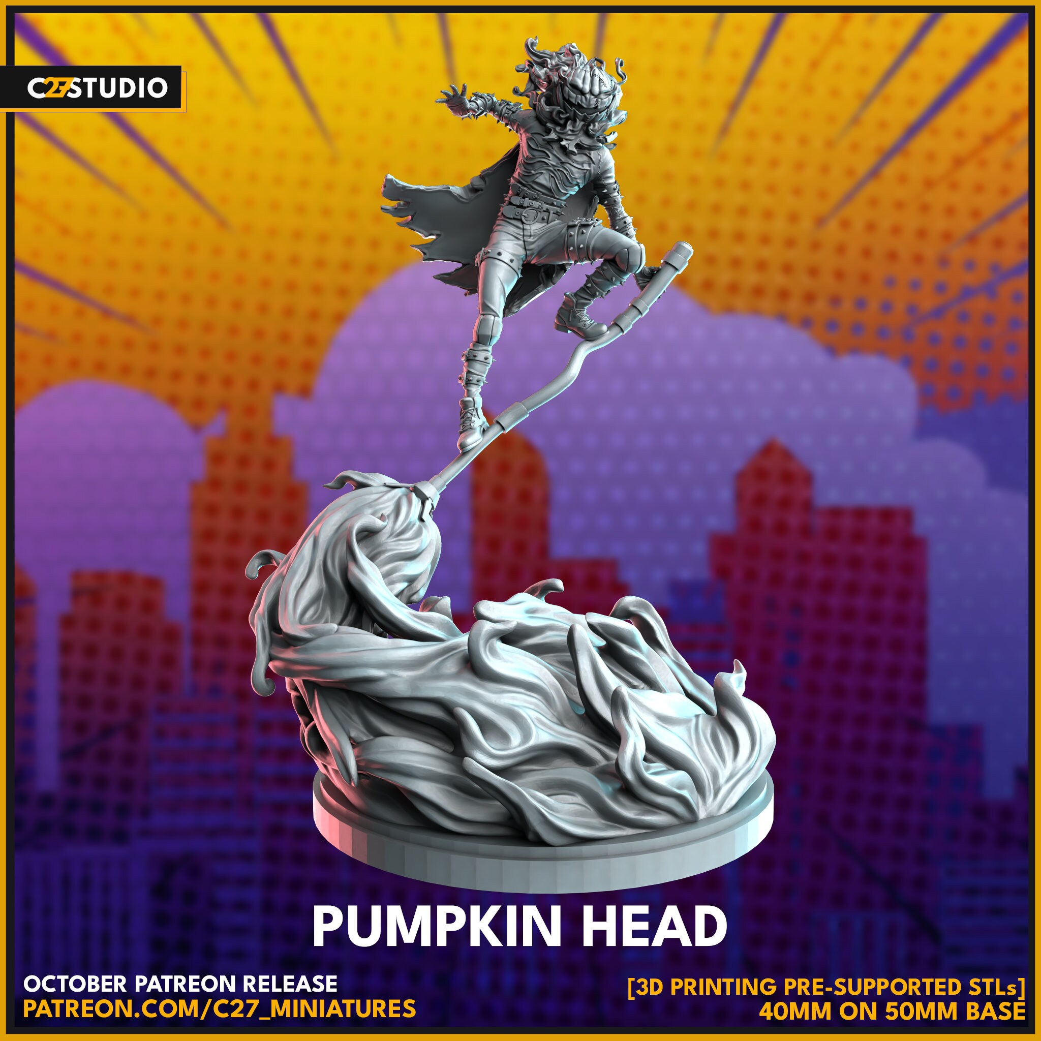 Pumpkin Head 40mm on 50mm Base by C27 Miniatures Great for Crisis Protocol, Superhero RPGs, and other Sci-Fi Tabletop Games
