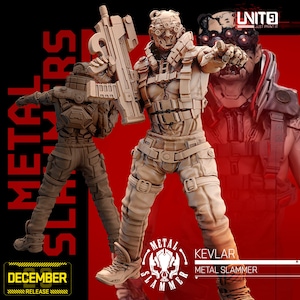 以下が含まれることがあります： 未来的な兵士の3Dプリントミニチュアフィギュア。戦術的なベストを着てライフルを持っている。フィギュアはベージュに塗られており、詳細なデザインが施されている。フィギュアは「メタルスラム」というセットの一部であり、「ケブラー」とラベル付けされている。