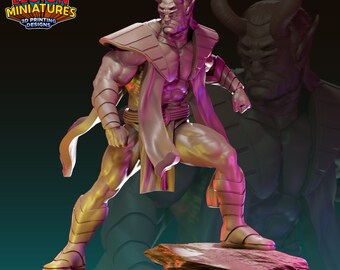 May include: A detailed 3D printed miniature of a horned demon figure with a muscular build, wearing a flowing robe and standing on a rocky base. The figure is painted in shades of brown and gold.