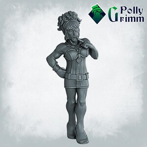 May include: A gray plastic figurine of a woman wearing a black corset and a short skirt. She has short, spiky hair and is holding her hand to her chin.