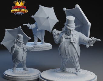 Op de afbeelding: Een grijs 3D-geprint miniatuur van de Penguin uit Batman, die een pistool en een paraplu vasthoudt. De Penguin draagt ​​een hoge hoed, een smoking en een monocle. Het miniatuur staat op een ronde basis.
