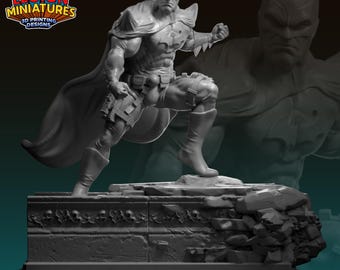 May include: A gray Batman figurine in a dynamic pose, with a cape and detailed armor. The figure is standing on a stone base with skull carvings. The Legion Miniatures logo is visible in the upper left corner.