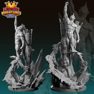 May include: A gray 3D-printed miniature of a superhero figure with a raised fist, standing on a detailed base. The figure has a muscular physique and is wearing a form-fitting suit. The base features stylized flames and jagged rock formations. The logo "LEGION MINIATURES 3D PRINTING DESIGNS" is visible.
