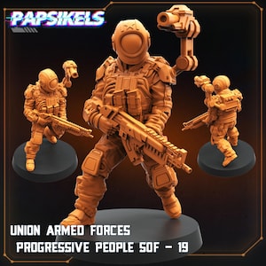 May include: Orange miniature figures of soldiers in futuristic armour, holding rifles and other weapons. The figures are on black circular bases. The text "Papsikels", "UNION ARMED FORCES", and "PROGRESSIVE PEOPLE SOF - 19" are visible.