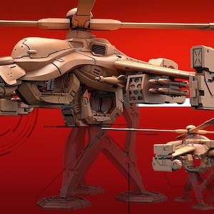 May include: A brown, futuristic, military-style helicopter with a rotating blade and a set of landing legs. The helicopter has a variety of weapons mounted on it, including a missile launcher and a machine gun.
