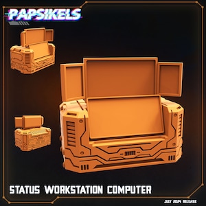 May include: Orange-colored Status Workstation Computer with multiple screens. The design features a futuristic, geometric aesthetic. The image includes the text "Papsikels" and "July 2024 Release".