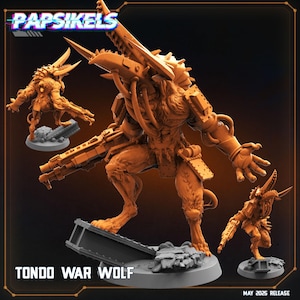 Puede incluir: Figura en miniatura de color naranja de un Tondo War Wolf, una criatura futurista con mejoras mecánicas y un arma grande. La figura está posada dinámicamente, con el texto "Papsikels" y "May 2025 Release" visibles.