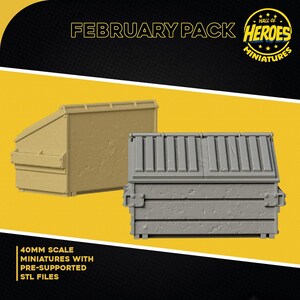 Op de afbeelding: Twee 40 mm schaalmodel vuilnisbakken, een beige en een grijze, met vooraf ondersteunde STL-bestanden. De afbeelding bevat de tekst "FEBRUARY PACK" en "HALL OF HEROES MINIATURES".