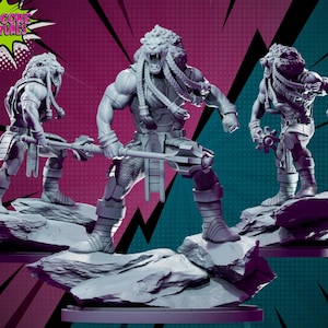 May include: Three gray 3D printed miniature figures of a lion-like creature with a spear and a sword. The figures are posed in different stances and are standing on rocky bases.