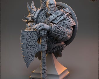 May include: A grey, detailed bust of a Viking warrior with a beard, an eyepatch, and a horned helmet. The warrior is holding a large axe with intricate carvings. The bust is on a pedestal with a Celtic knot design.