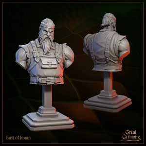 May include: A gray bust sculpture of a man with a beard and a headband, wearing a leather vest and a belt. The bust is on a gray pedestal with a square base. The text "Bust of Roran" is below the pedestal.