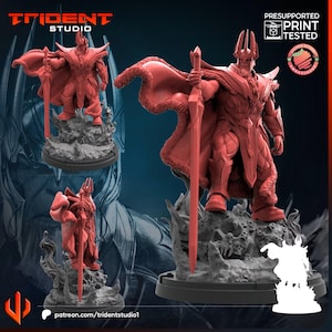 May include: A red 3D printed miniature figurine of a warrior wearing a horned crown and a fur-trimmed cape, standing on a base of skulls and debris while holding a long sword. The image includes text reading TRIDENT STUDIO and PRESUPPORTED PRINT TESTED.