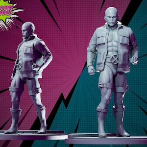 Peut inclure: Une figurine miniature peinte en gris d'un super-héros portant une veste et des bottes. La figurine est posée dans une posture dynamique, un bras levé et l'autre plié au coude. La figurine est posée sur une base grise. L'arrière-plan est un dégradé rose et turquoise avec une bulle de dialogue de style bande dessinée qui dit "HARDCORE MINIATURES".