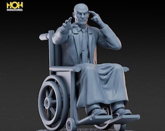 May include: A gray resin miniature figure of a bald person in a suit sitting in a wheelchair. The figure has one hand extended forward and the other hand touching their temple. Text in the corner reads AUGUST LINEUP #2 AVAILABLE ON PATREON NOH MINIATURES.