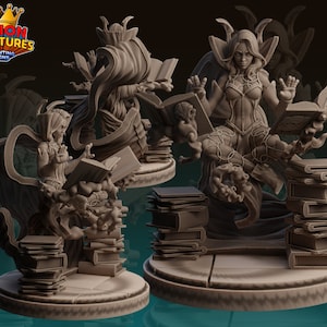 May include: Two 3D printed miniature figures of women with flowing robes and wings, each holding a book and surrounded by stacks of books. The figures are posed in a dynamic, magical style.