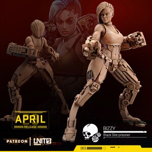 以下が含まれることがあります： 茶色のタンクトップと機械式外骨格を着た女性キャラクターの3Dプリントフィギュア。フィギュアは、片足を前に出し、両手を上げた戦闘姿勢をとっている。フィギュアは茶色に塗られており、台座には骸骨とバラのシンボルが描かれている。台座には「Bizzy Black Site prisoner」という文字が印刷されている。