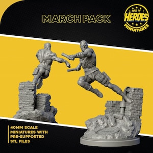May include: Two 40mm scale gray plastic miniatures of Daredevil, a superhero, in a fighting pose. The miniatures are pre-supported STL files for 3D printing. The text "MARCH PACK" is at the top of the image. The text "HALL OF HEROES MINIATURES" is in a circle at the top right of the image.