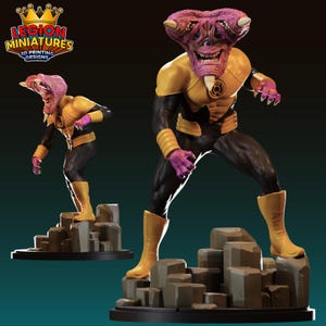 May include: A yellow lantern ring with a black and gold costume. The figure has a pink, three-eyed head with a large mouth and sharp teeth. The figure is standing on a rocky base.  "LEGION MINIATURES 3D PRINTING DESIGNS" is printed in the top left corner.
