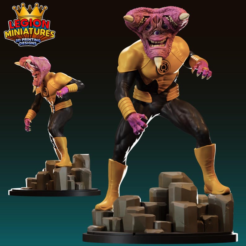 May include: A yellow lantern ring with a black and gold costume. The figure has a pink, three-eyed head with a large mouth and sharp teeth. The figure is standing on a rocky base.  "LEGION MINIATURES 3D PRINTING DESIGNS" is printed in the top left corner.