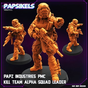 May include: Orange plastic miniature figurine of a soldier wearing a helmet and holding a rifle. The soldier is standing on a black base. The text "PAPZ INDUSTRIES PMC KILL TEAM ALPHA SQUAD LEADER" is printed below the base.