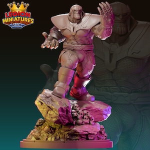 May include: A 3D printed miniature of Thanos, the Mad Titan, standing on a rocky base with skulls. The miniature is painted in a gray and purple color scheme. The miniature is part of a collection of 3D printed miniatures.