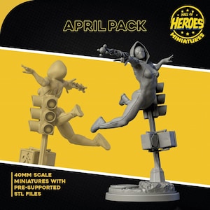 Könnte beinhalten: Eine 3D-gedruckte Miniatur eines Superhelden in einem schwarz-weißen Anzug, der auf einer Ampel steht. Die Miniatur ist Teil eines April-Pakets mit 40 mm großen Miniaturen mit vorinstallierten STL-Dateien. Der Text "Hall of Heroes Miniatures" ist in der oberen rechten Ecke des Bildes sichtbar.