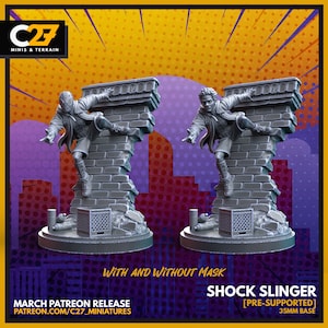 May include: Two gray miniature figures of a person climbing a brick structure, one with a mask and one without. The figures are on a 35mm base. The text reads "SHOCK SLINGER [PRE-SUPPORTED]" and "MARCH PATREON RELEASE".