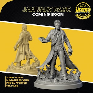 Op de afbeelding: Een 3D-geprint miniatuur van een man in een lange jas die een boek en een schedel vasthoudt. Het miniatuur is grijs en staat op een basis met vlammen. De tekst "JANUARY PACK COMING SOON" staat bovenaan de afbeelding.
