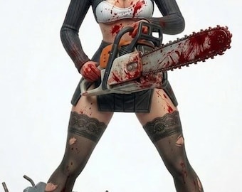 May include: A blonde figurine wearing a black off-the-shoulder top, white crop top, and black skirt with torn stockings. The figure holds a blood-stained chainsaw, with red splatters on the face and clothing, standing on a concrete rubble base.
