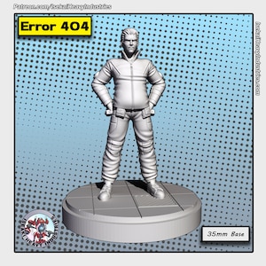 May include: A gray 3D printed miniature of a person wearing a jacket and pants standing on a 35mm base. The base is round and has a textured surface. The miniature is part of a set of figures for tabletop gaming.