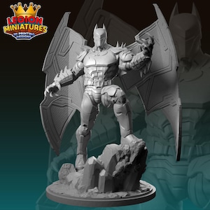 May include: A gray Batman figurine with large, wing-like structures extending from the back. The figure is posed on a rocky base, with the "Legion Miniatures" logo visible in the upper left corner. The figurine has a detailed, armored design.
