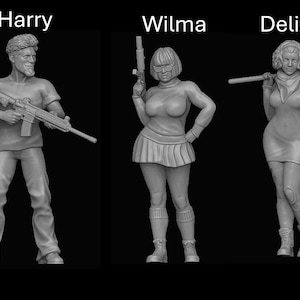 May include: A collection of gray miniature figurines, including a dog, and four human figures named Harry, Wilma, Deliah, and Ted. Harry holds a rifle, Wilma a gun, Deliah a shovel, and Ted a tool. The figurines are set against a black background.