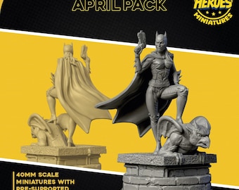 Op de afbeelding: Een 3D-geprint miniatuur van een vrouwelijke superheldin in een vleermuiskostuum, op een schaal van 40 mm, staand op een gargoyle-basis. Het miniatuur is geprint in grijs plastic en is vooraf ondersteund voor eenvoudig printen. Het miniatuur maakt deel uit van een aprilpakket van Hall of Heroes Miniatures.