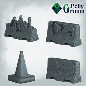 May include: A set of four gray concrete barricade props, including two tall barricades, one shorter barricade, and a traffic cone. The barricades have a rough, textured surface and are designed to look like real concrete barriers.