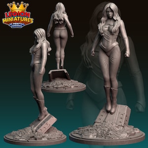 May include: A 3D printed miniature of a female superhero figure in a grey, white, and black costume. The figure is standing on a broken concrete base. The figure is posed in a dynamic action pose with her arms outstretched. The figure is part of a set of 3D printed miniatures.