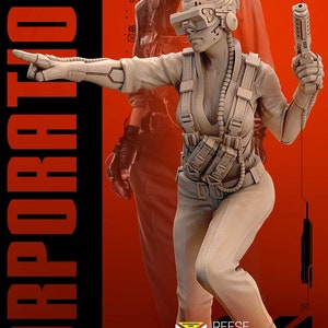 Könnte beinhalten: Eine 3D-gedruckte Figur einer weiblichen Figur, die ein futuristisches Outfit trägt und eine Waffe hält. Die Figur steht auf einer Kiste mit dem aufgedruckten Text "REESE SECURITY OFFICER MICROMACHINES CORP.". Der Hintergrund ist rot mit schwarzem Text, der "CORPORATION" und "JUNE RELEASE" lautet.