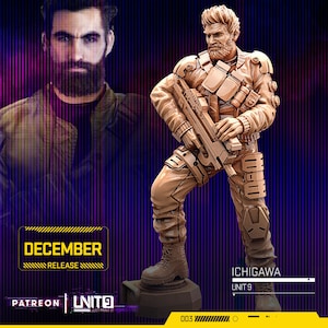 May include: A brown plastic figurine of a soldier holding a gun. The soldier is wearing a jacket, pants, and boots. The figurine is standing on a black base with the text "ICHIGAWA UNIT 9" and "003" printed on it.