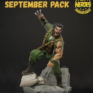 Può includere: Miniatura dettagliata di un personaggio in uniforme verde militare, con artigli estesi. La figura è su una base rocciosa. Il testo "SEPTEMBER PACK" e "HALL OF HEROES MINIATURES" sono visibili.