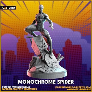 Może przedstawiać: Monokromatyczny model Spider-Mana wydrukowany w 3D, stojący na kawałku rozbitego betonu. Model ma 40 mm wysokości i stoi na podstawie o wymiarach 35 mm. Model jest wstępnie wsparty do druku 3D.