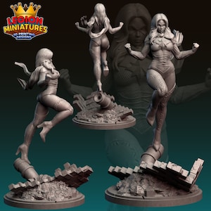 May include: A 3D printed miniature of a female superhero in a flying pose. The figure is wearing a costume with a star on the chest and has long hair. The figure is standing on a base with a cannon and broken bricks.