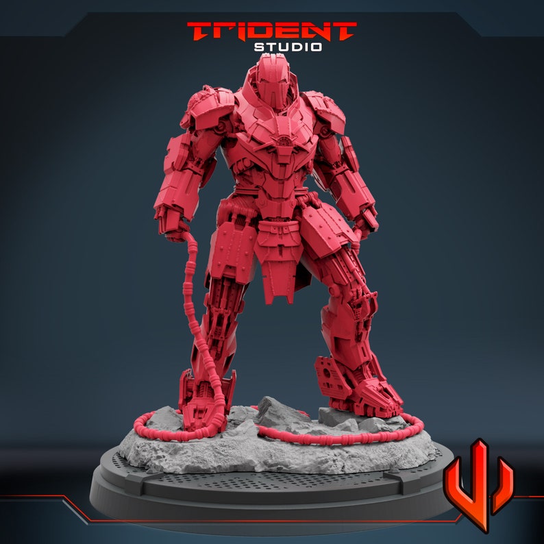 May include: A red, detailed, articulated robot figure with a textured surface. The robot is standing on a gray base with a black circular platform. The figure is holding a long, red, chain-like object in its right hand. The text "TRIDENT STUDIO" is visible in the top center of the image.