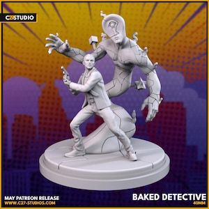 Puede incluir: Figura gris impresa en 3D de un detective con una pistola y una figura espectral detrás. La base dice "BAKED DETECTIVE" y "40MM". La figura es de C27 Studio.
