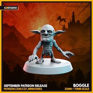 Op de afbeelding: Een grijs 3D-geprint miniatuur van een goblin, staand op een ronde basis. De goblin heeft een groot hoofd, puntige oren en een brede mond. Het miniatuur is in een schaal van 32 mm of 75 mm.