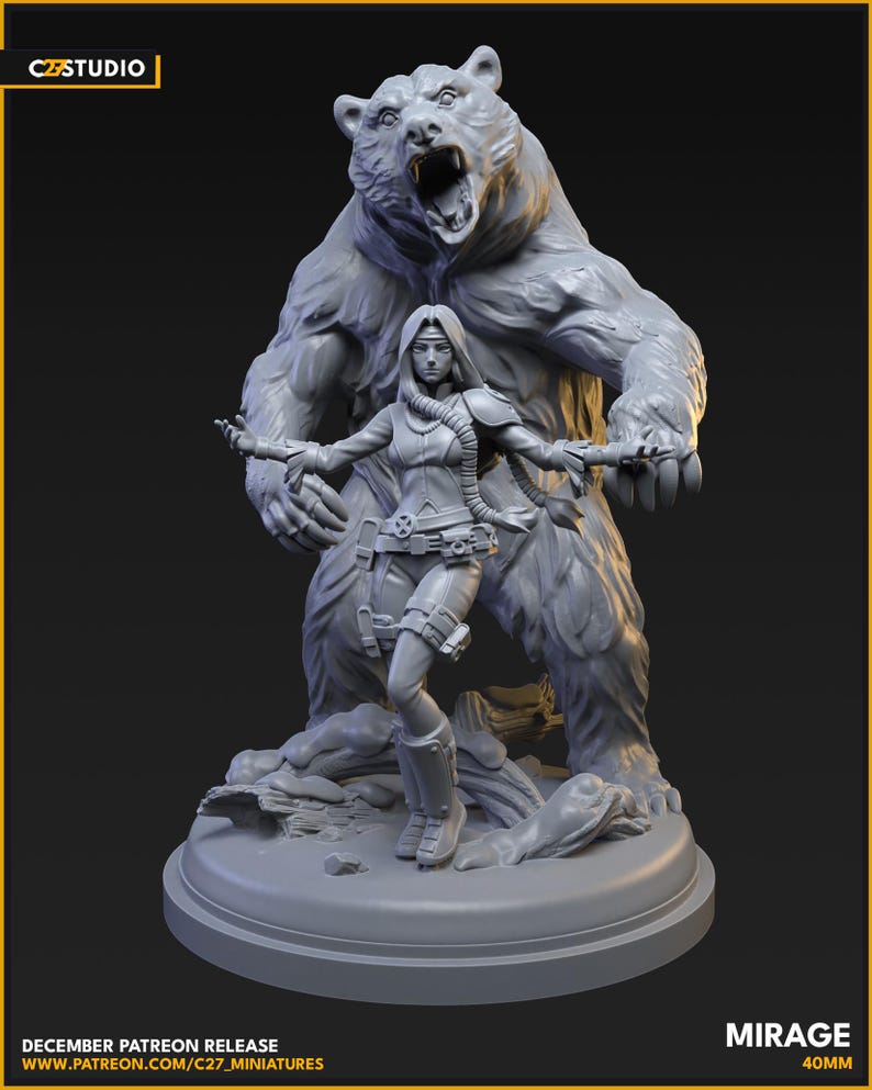May include: A gray 3D-printed figurine of a woman with a bear. The woman is in a fighting stance, and the bear is roaring behind her. The base is round. Text on the bottom reads "MIRAGE 40mm" and "DECEMBER PATREON RELEASE".